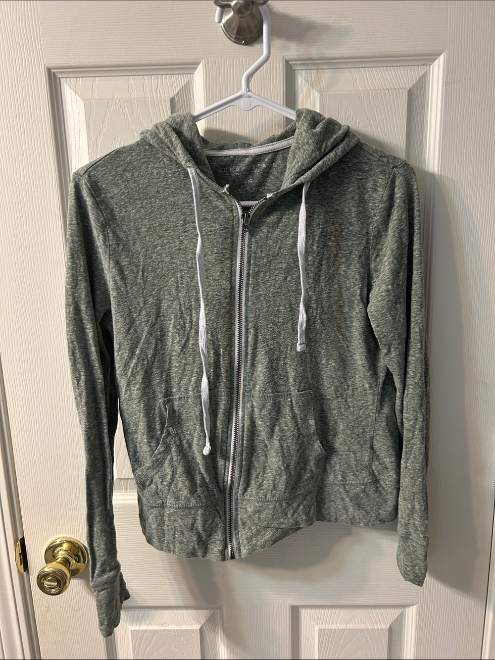 Aeropostale Heather Olive Zip Hoodie with White Drawstrings